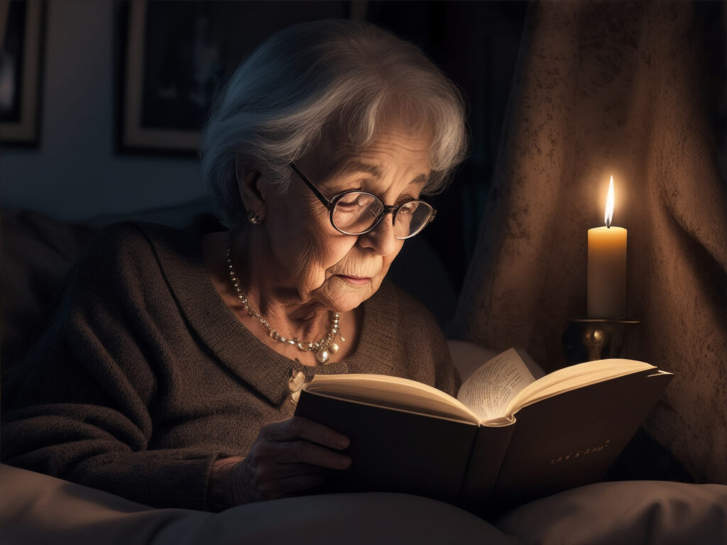 Realistic photo of elderly woman reads a book in a dark with candles light on by Generative AI